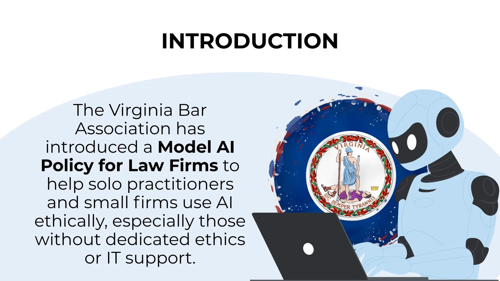Blue robot and Virginia emblem next to bold text on ethical AI use for law firms with limited support.
