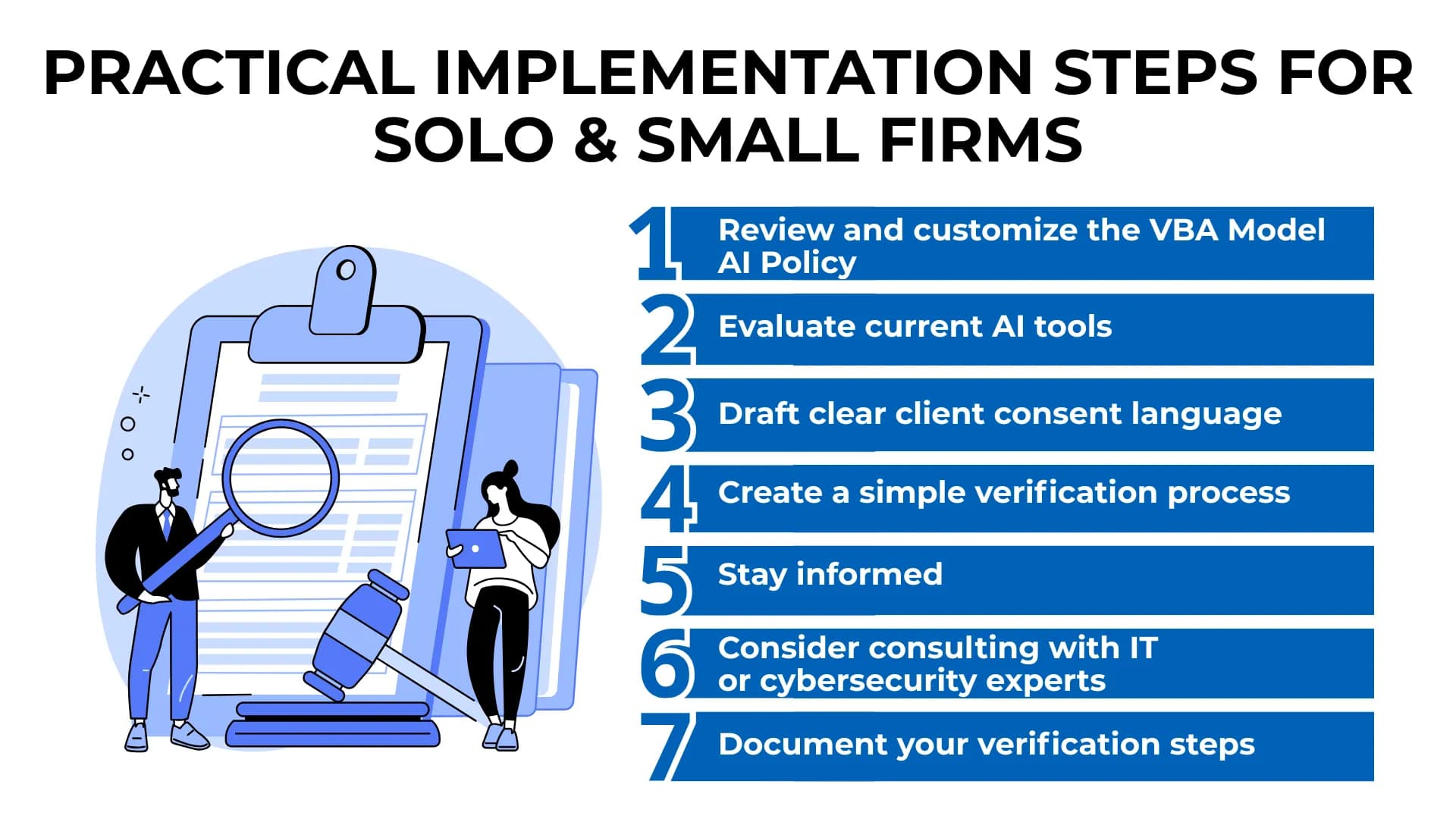 Illustrated legal team with large clipboard and gavel beside checklist of AI implementation tips for solo practices.