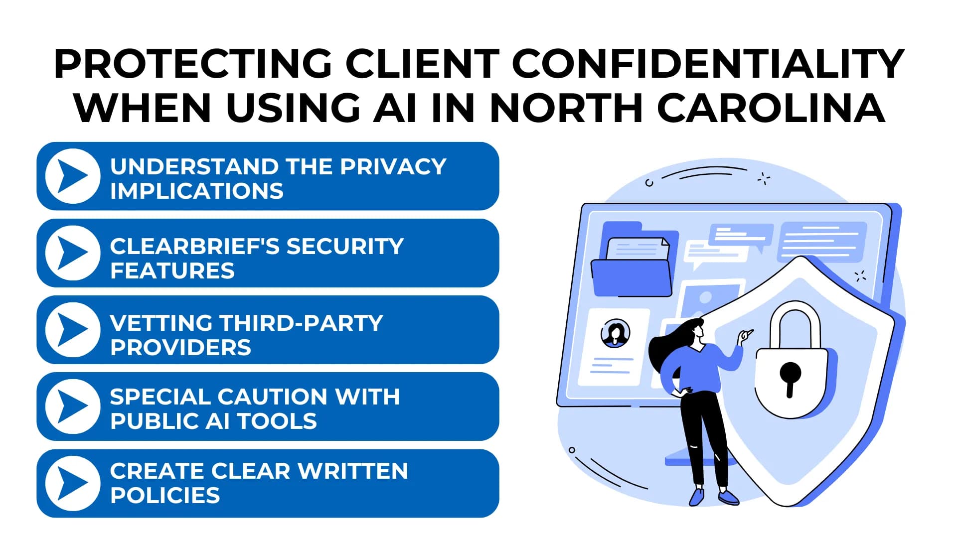A lawyer points to a large screen with documents and a lock badge, highlighting the need for AI security and privacy in NC firms.