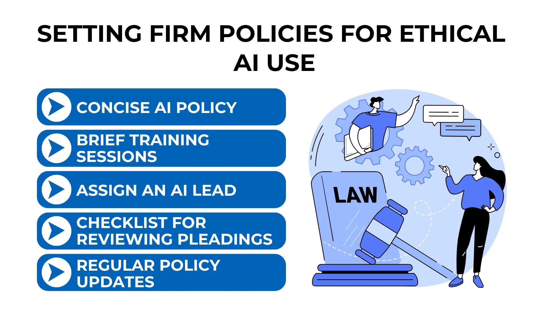 Law-themed graphic with a gavel and legal icons next to a list that includes "Assign AI lead" and "Policy updates."