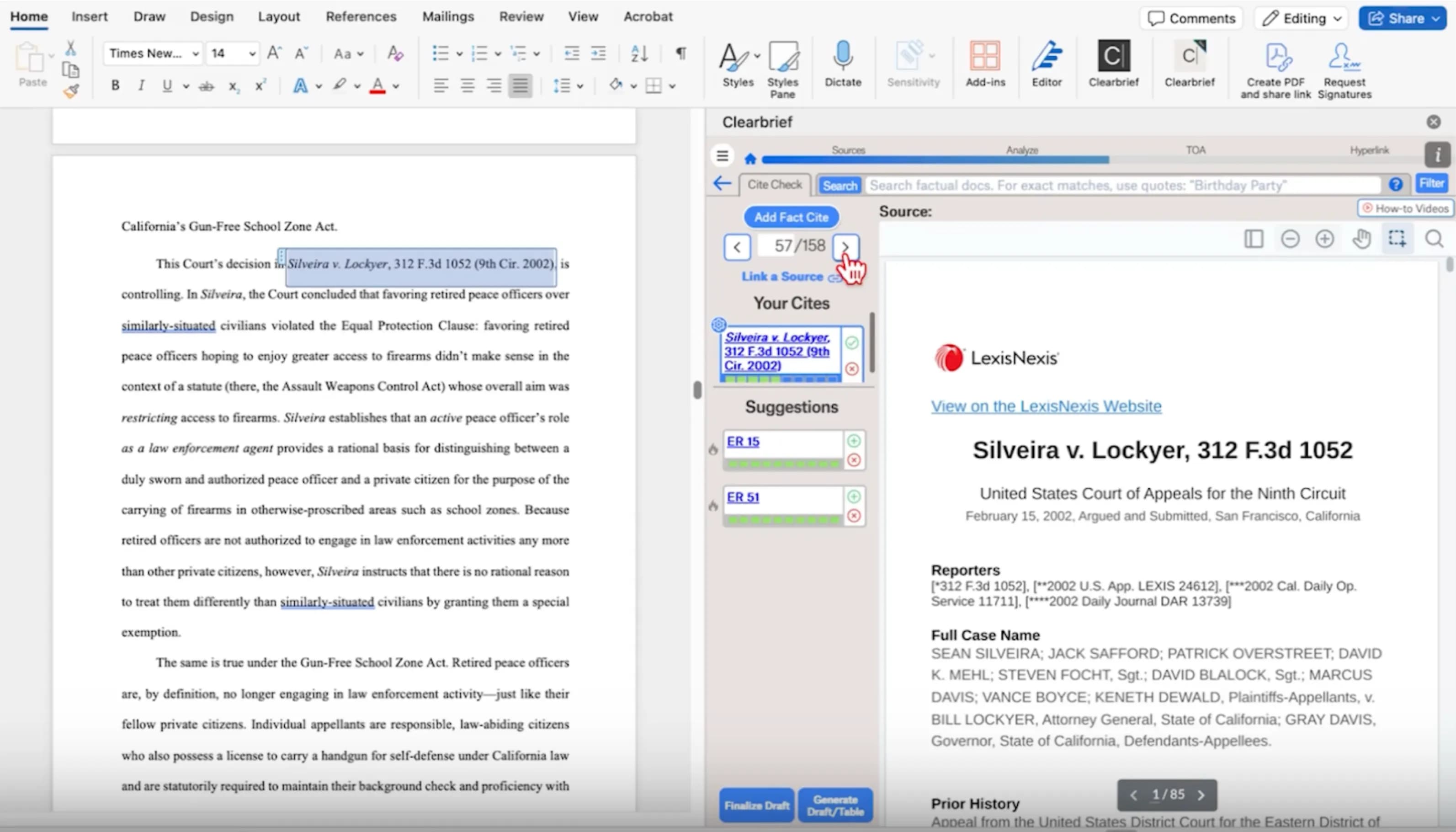 Screenshot of Clearbrief in Microsoft Word, showing a citation to "Silveira v. Lockyer, 312 F.3d 1052 (9th Cir. 2002)" with a green checkmark