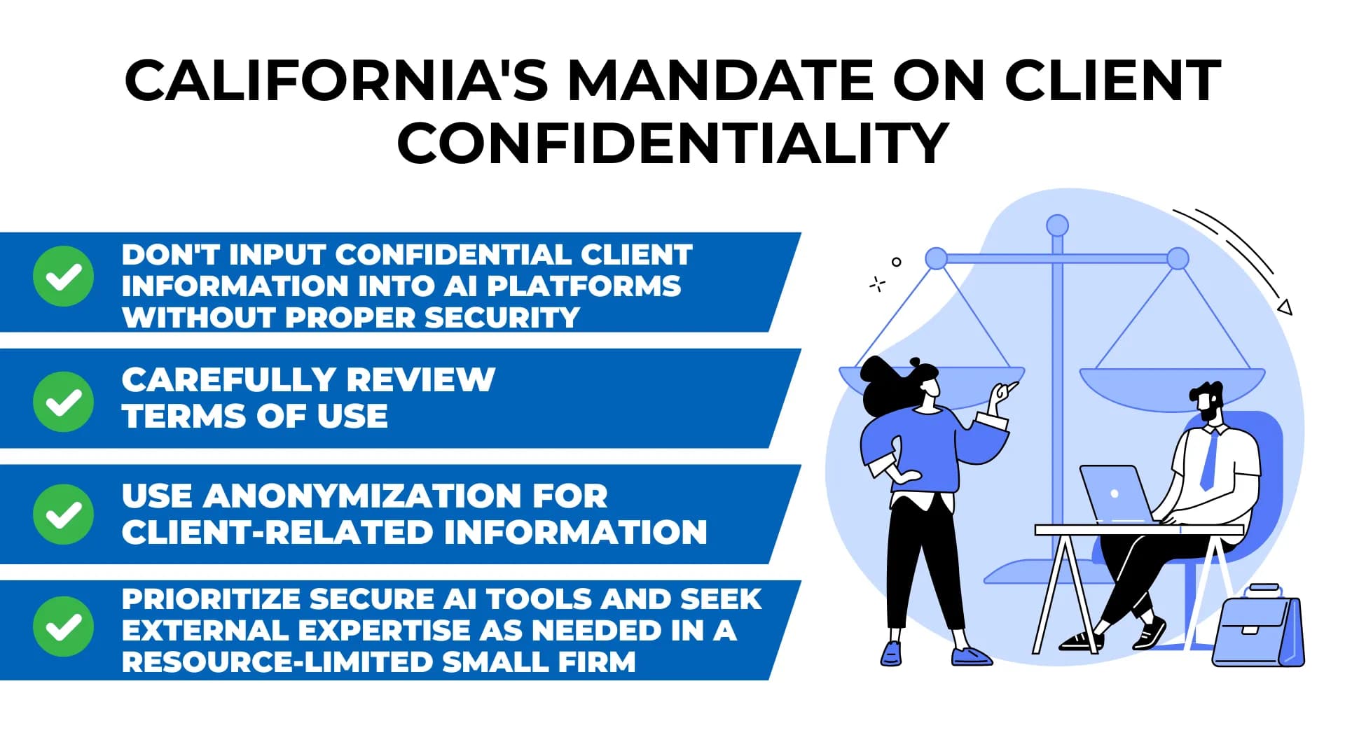 Key tips for protecting client data in AI tools under California rules, with a visual of two attorneys and balanced scales