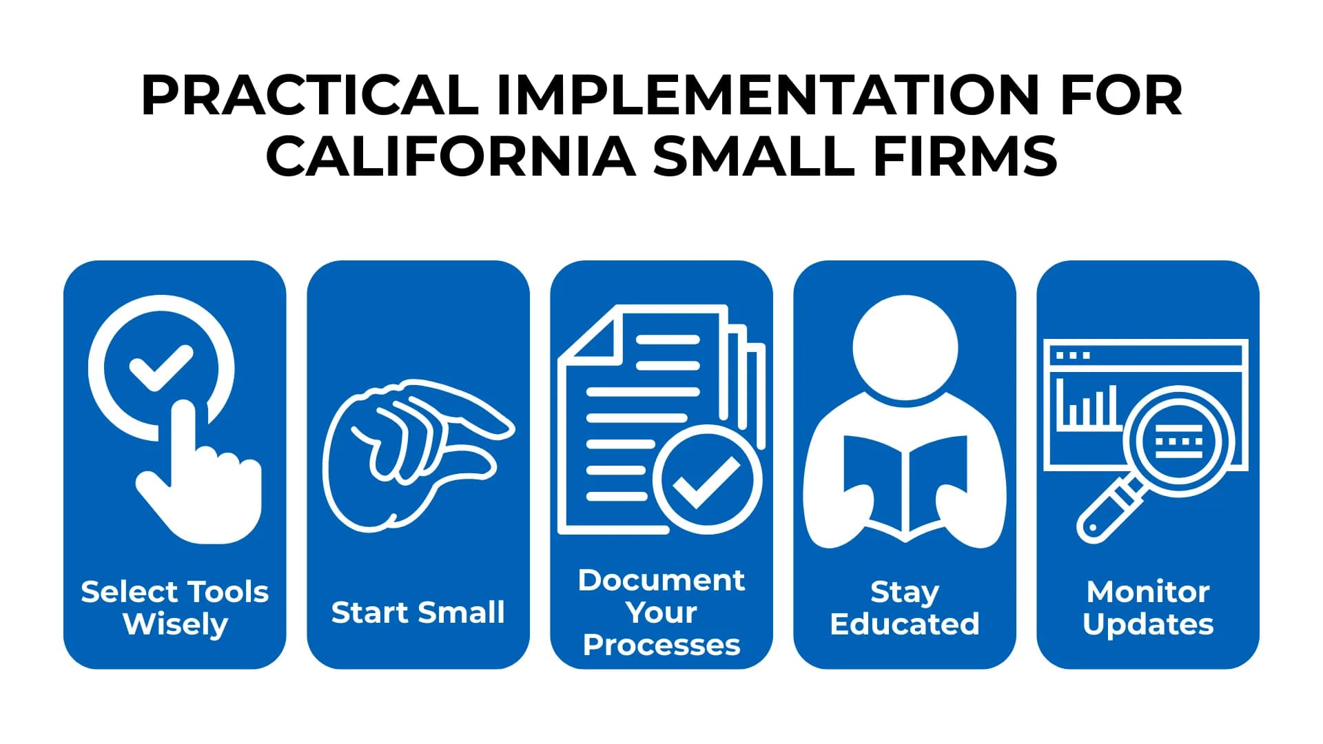 California small firm AI guide with checkmarks, papers, and icons for learning and updates